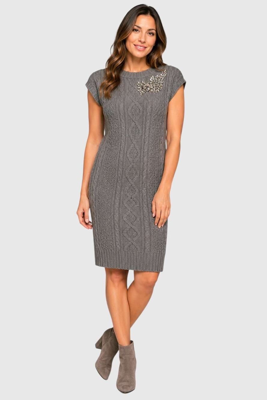 NEW LOVE MOSCHINO Sweater Dress 4 Gray Wool Blend Cable Knit Crystal Beading